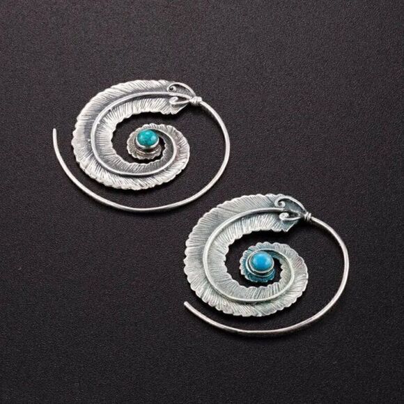 Large Silver Feather Spiral Earrings in Red or Turquoise Blue #630 - Picture 3 of 11